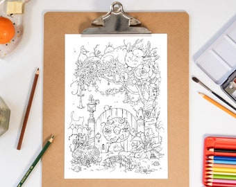 Página para colorear de la hora del té en el jardín: Ilustración imprimible A4 (PNG, JPG)