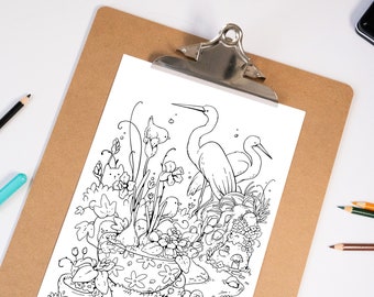 Página para colorear de pájaros en el jardín: Ilustración imprimible A4 (PNG, JPG)