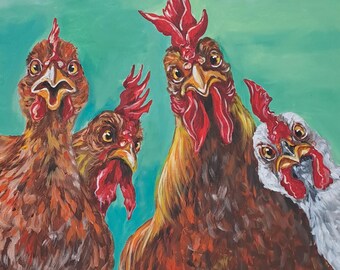 Lustige Hühner Acrylmalerei: Wunderliche Bauernhaus-Hahn-Kunst