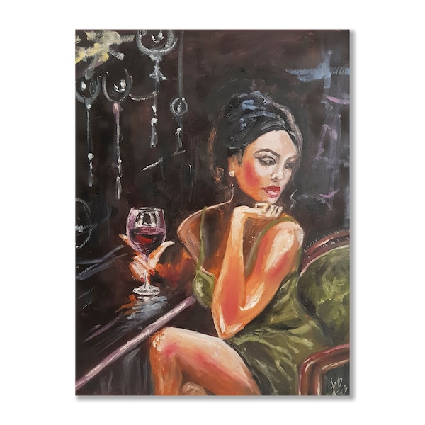 Girl with a glass of wine Oil Painting Small Painting Figure of a woman Woman at the window Wall Art Beautiful Girl Painting 10х7 by RadaGor