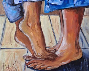 Pintura de Casal Romântico - Arte de Parede - História de Amor - Arte Romântica - Pés dos Amantes - "Primeiro Beijo" - 25x35 cm por Rada Gor
