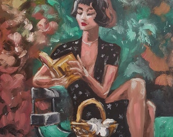 Girl in the park Girl with a book Original Oil Painting Frenchwoman Painting in the library Gift for lovers of reading Beautiful girl