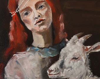 Girl with a goat the red-haired girl Original oil painting Painting on canvas Farm Animal Portrait of Pretty Girl Holding a Goat 12x8