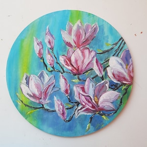 Magnolia Painting Original Wall Art Flowers Art Impasto Oil Painting Texture Floral Original Art Flowers Painting Pink Magnolias by Rada Gor