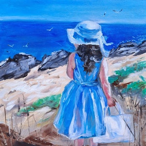 Beach Child Oil Painting: Girl in Blue Dress, Original Art (10x12)