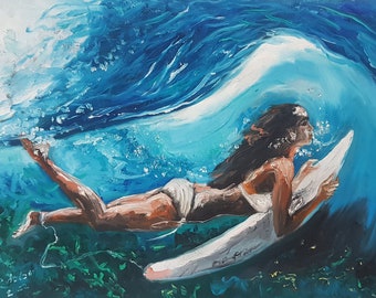 Surfer Girl Oil Painting: Underwater Seascape Art (12x16)