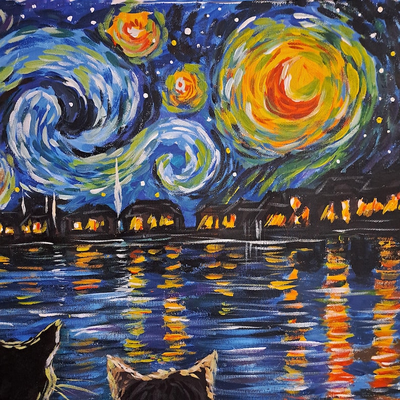 May include: A painting of a starry night sky with swirling clouds and a town in the distance. Two black cats are looking up at the sky. The painting is done in a style reminiscent of Vincent van Gogh.
