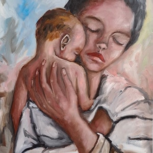 Mutter und Baby Ölgemälde: Zarte Mutterschaft Kunst, 19.5x14