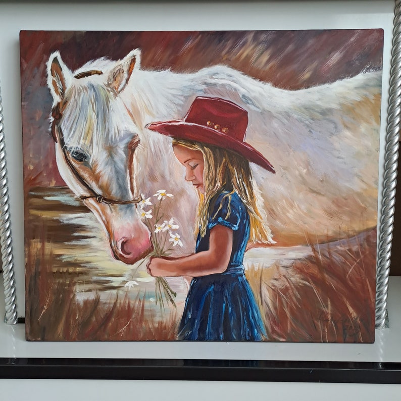 Girl with Horse Large Oil painting on Canvas Original Oil Painting White Horse by the Lake Girl in a red cowboy hat 27x31 by Rada Gor image 7