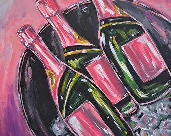 ワインのボトルとワイングラス オリジナル油絵 ワインとブドウ