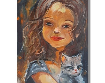 Little Girl Oil Painting Figurative Art Original Art Children's Wall Art Cat Painting Portrait of a Girl and a Gray Cat FavoriteCatArt 12х14