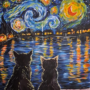 May include: Two black cats sit side-by-side, looking out at a starry night sky reflected in a body of water. The sky is painted in a swirling blue and yellow pattern, reminiscent of Vincent van Gogh's 'Starry Night'.