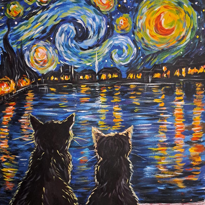 May include: Two black cats sit side-by-side, looking out at a starry night sky reflected in a body of water. The sky is painted in a swirling blue and yellow pattern, reminiscent of Vincent van Gogh's 'Starry Night'.