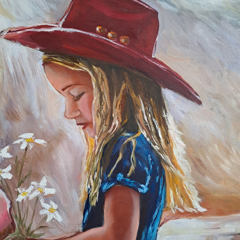 Girl with Horse Large Oil painting on Canvas Original Oil Painting White Horse by the Lake Girl in a red cowboy hat 27x31 by Rada Gor image 6
