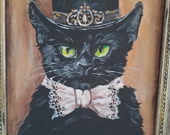 黒猫の絵画、猫アート、猫好きへのギフト、黒の抽象画、キャンバスに