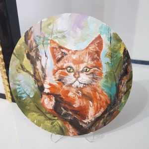 Chat sur arbre Peinture à l'huile Chat roux Amoureux des chats Peinture d'art Peinture ronde Portrait animal Portrait de chat Peinture ronde de Rada Gor