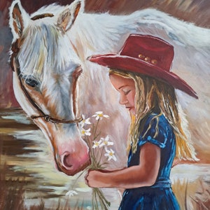 Girl with Horse Large Oil painting on Canvas Original Oil Painting White Horse by the Lake Girl in a red cowboy hat 27x31 by Rada Gor image 4
