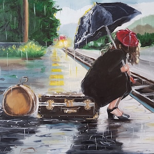 Woman with Umbrella Oil Painting: Retro Rain Art, Living Room Decor