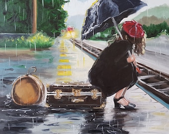 傘を持つ女性の油絵：レトロな雨のアート、リビングルームの装飾