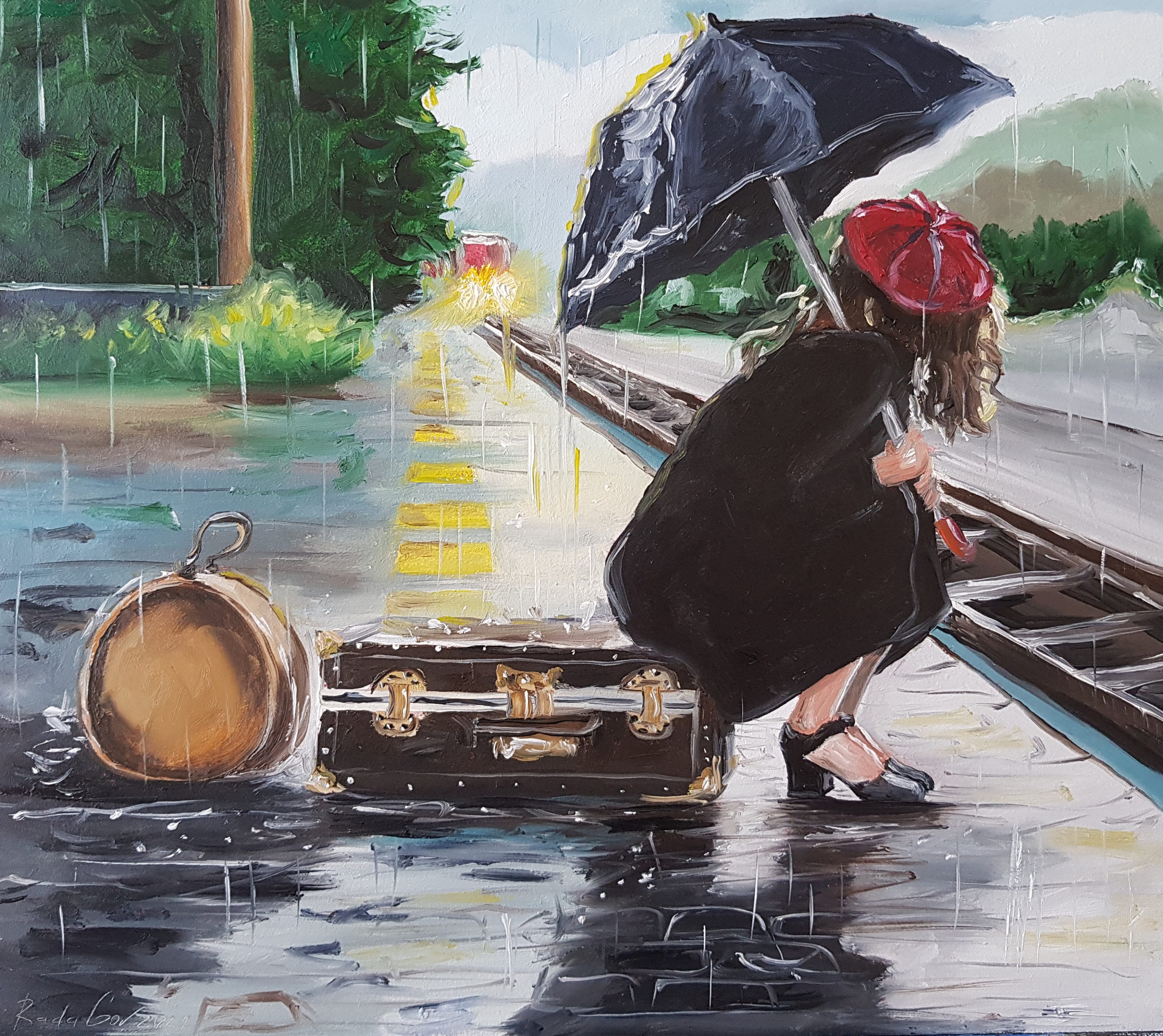 傘を持つ女性の油絵：レトロな雨のアート、リビングルームの装飾