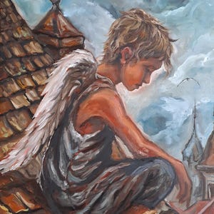 Ölgemälde Schutzengel Schutzengel Engel Auf Dach Traurig Engel Ölgemälde Kinder Portrait Kindheit Kunst 15x31 Zoll von RadaGor
