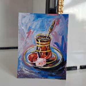 Pintura de chá turco Chá em um copo Natureza morta com chá Arte do chá turco Pintura chá da tarde Presente para um turco Pintura de chá Natureza morta cozinha