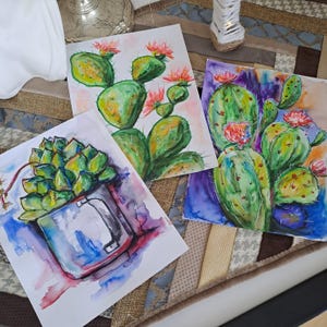 Cactus in fiore, dipinto ad acquerello, arte botanica da parete, stampa floreale, arte da parete con piante grasse, set di 3 dipinti, pittura originale, fiori d'arte