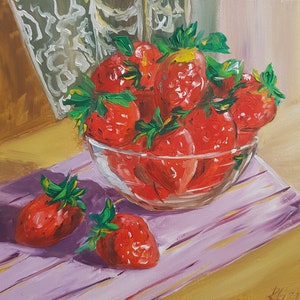 Peinture aux fraises Nature morte, peinture alimentaire, oeuvre d'empâtement, oeuvre d'art murale de fruits, oeuvre d'art alimentaire, peinture d'empâtement 8х8,5 par Rada Gor