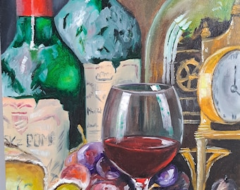 Bottle of Wine With Wine Glass Original Oil Painting Wine and Grapes Winery art Still Life Wine Lover Art Gifts Bar Wall Art 9х19 by RadaGor