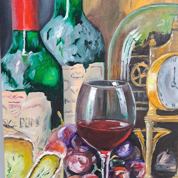 Bottle of Wine With Wine Glass Original Oil Painting Wine and Grapes Winery art Still Life Wine Lover Art Gifts Bar Wall Art 9х19 by RadaGor