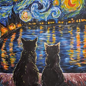 May include: Two black cats sit side-by-side, looking out at a starry night sky reflected in a body of water. The sky is painted in a swirling blue and yellow pattern, reminiscent of Vincent van Gogh's 'Starry Night'.