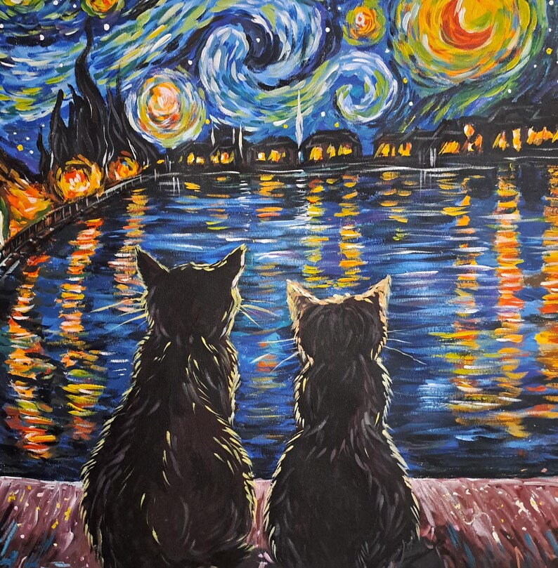 May include: Two black cats sit side-by-side, looking out at a starry night sky reflected in a body of water. The sky is painted in a swirling blue and yellow pattern, reminiscent of Vincent van Gogh's 'Starry Night'.