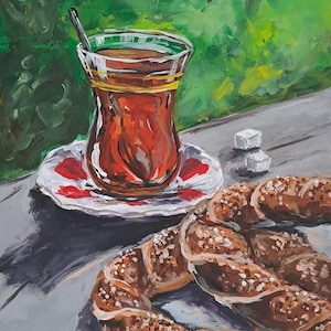 Pintura de chá turco Chá em um copo Natureza morta com chá Chá turco Pintura festa do chá Presente para um turco Pintura de chá Natureza morta arte de cozinha
