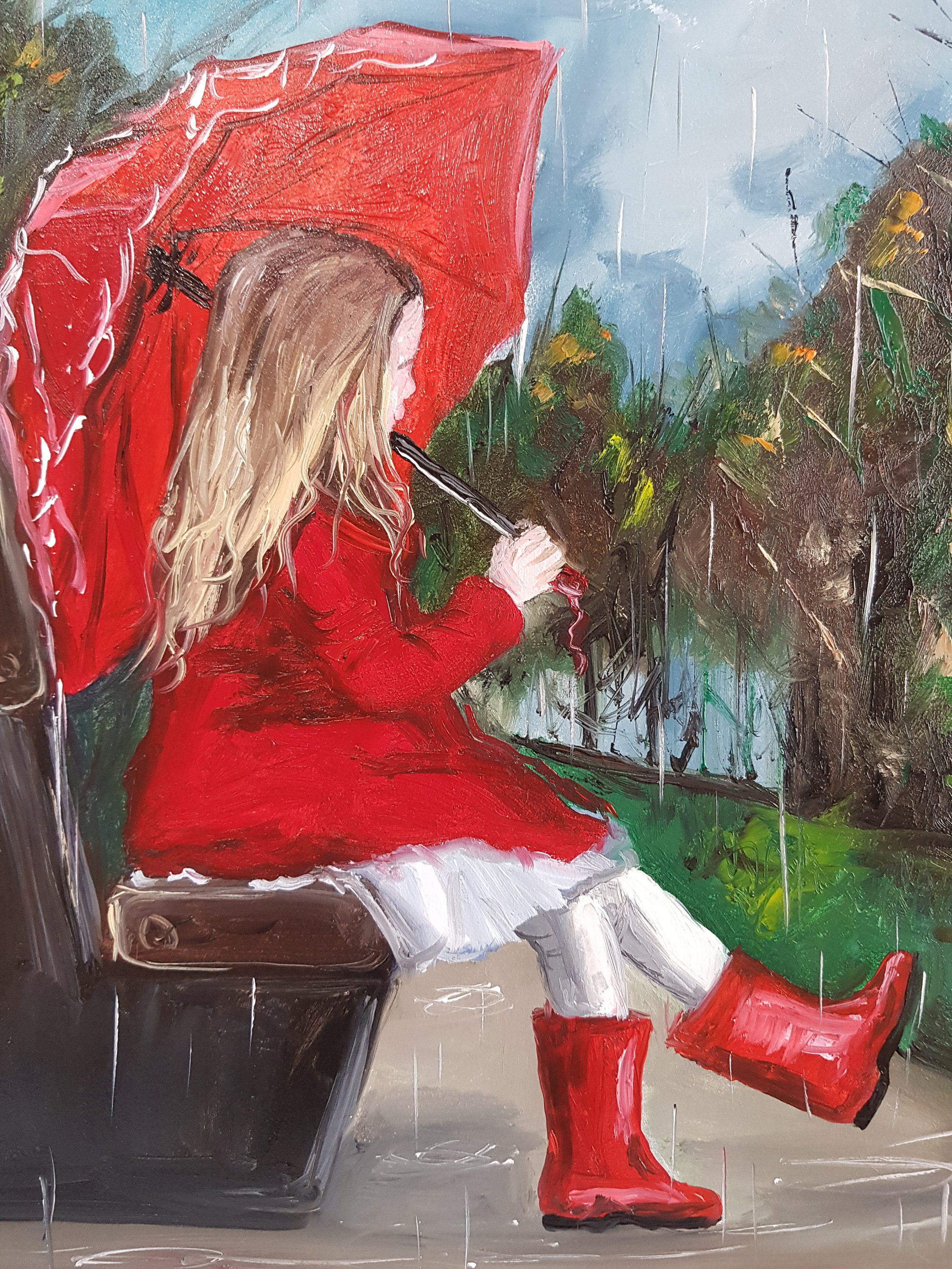 Girl With Umbrella Oil Painting Autumn Rainy Park Landscape Etsy