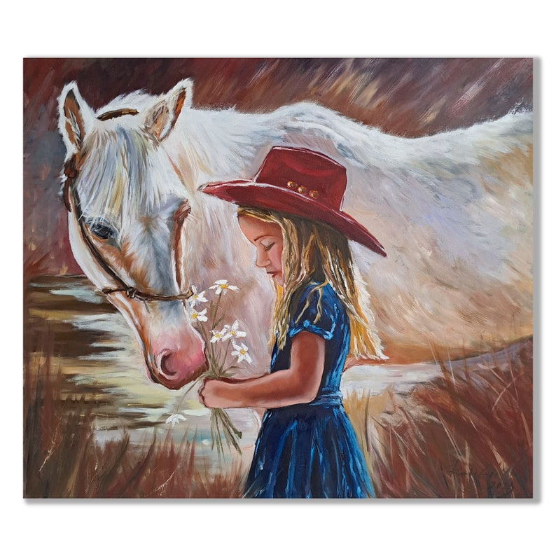 Girl with Horse Large Oil painting on Canvas Original Oil Painting White Horse by the Lake Girl in a red cowboy hat 27x31 by Rada Gor image 1