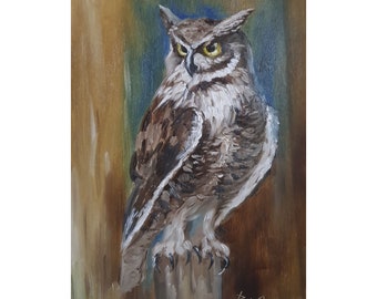 Owl Painting Original Art Owl Portrait Wall Art birds oil painting big bird painting Custom Painting Modern Wall Art 9x7 by Rada Gor