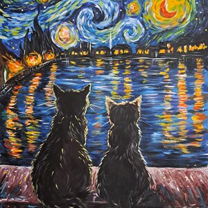 May include: Two black cats sit side-by-side on a ledge, looking out at a starry night sky reflected in a body of water. The sky is painted in a swirling blue and yellow pattern, reminiscent of Vincent van Gogh's 'Starry Night'.