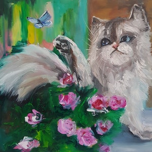 Peinture à l'huile de chat blanc Chat avec des fleurs pour les amoureux des chats, Portrait d'un chat, peinture animalière, peinture animalière 10 x 11 pouces, par Rada Gor