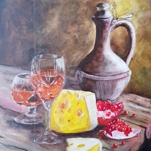 Arte de cocina de bodegones, vino y queso italianos, pintura de alimentos, pintura de bodegones, decoración rústica, pintura al óleo, coñac, granada, 13 x 12, de RadaG