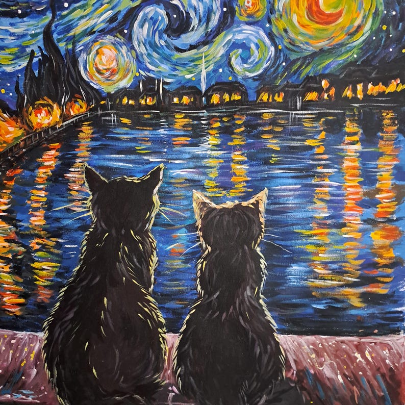May include: Two black cats sit side-by-side, looking out at a starry night sky reflected in a blue body of water. The sky is painted in swirling blue, yellow, and white hues, with a few bright stars.