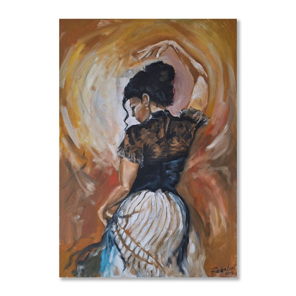 Flamenco Dance Painting Original Art Spanish Dancer Woman Seville  Madrid Scene Sensual Dancer Spain Night Club Cabaret 19х14" by Rada Gor