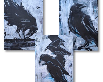 Black Raven Abstract Acrylic Painting Set: Bird Triptych (11x8)