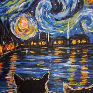 May include: A painting of a starry night sky with a swirling blue and white sky, a town with yellow lights, and a dark blue river reflecting the lights. Two black cats are looking at the scene.