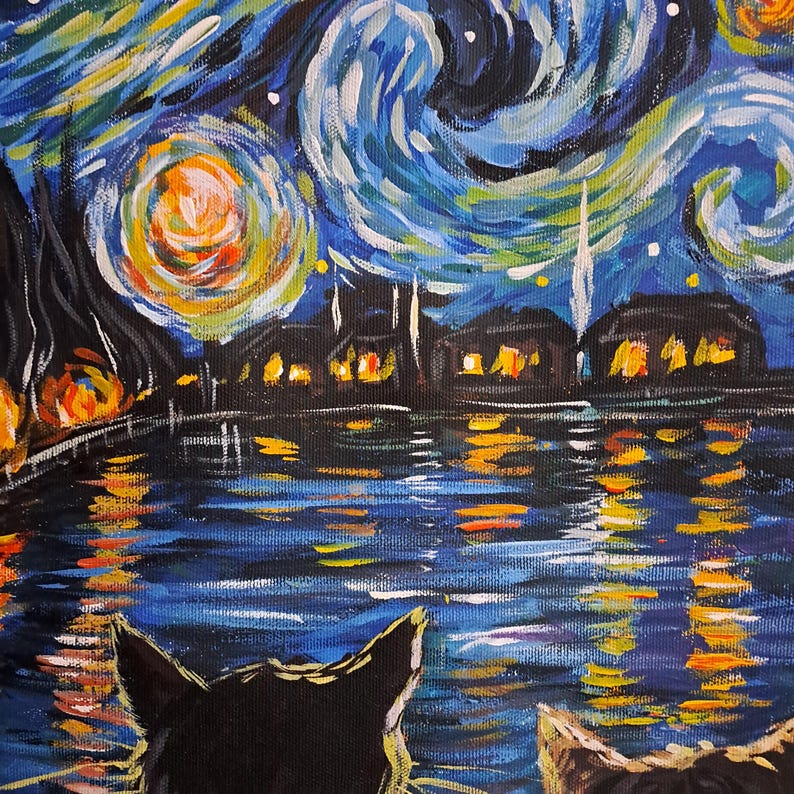 May include: A painting of a starry night sky with a swirling blue and white sky, a town with yellow lights, and a dark blue river reflecting the lights. Two black cats are looking at the scene.
