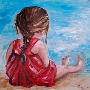 Beach Child Oil Painting: Girl in Red Dress, Original Art 10x10