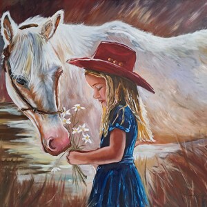 Girl with Horse Large Oil painting on Canvas Original Oil Painting White Horse by the Lake Girl in a red cowboy hat 27x31 by Rada Gor image 2