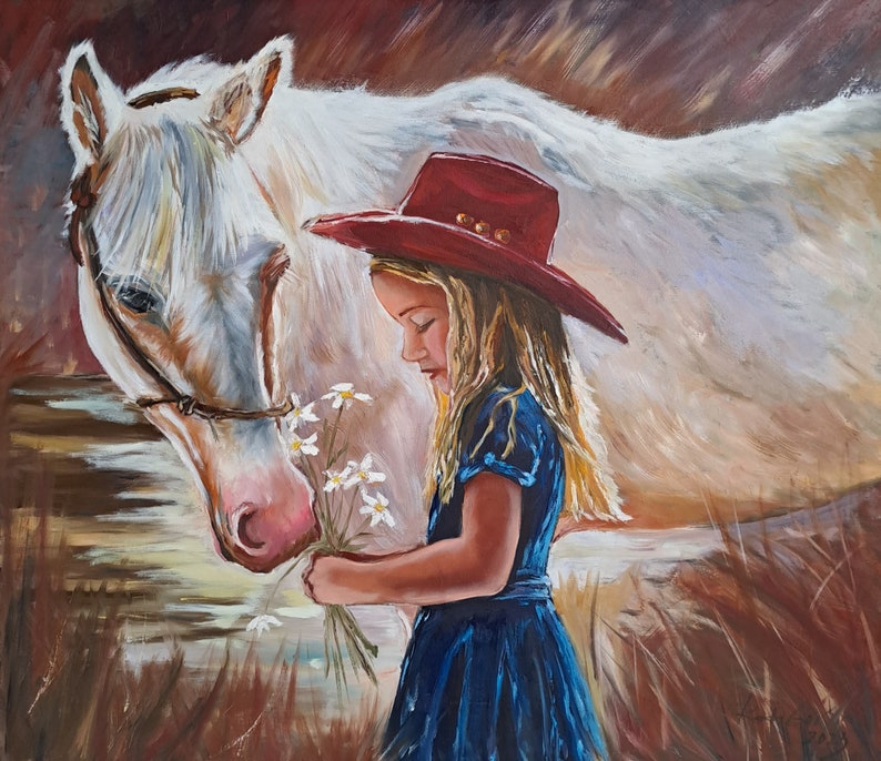 Girl with Horse Large Oil painting on Canvas Original Oil Painting White Horse by the Lake Girl in a red cowboy hat 27x31 by Rada Gor image 2