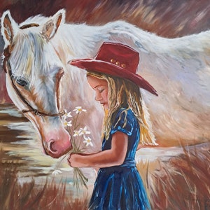 Girl with Horse Large Oil painting on Canvas Original Oil Painting White Horse by the Lake Girl in a red cowboy hat 27x31 by Rada Gor image 3