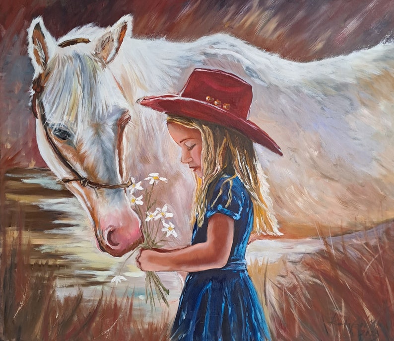 Girl with Horse Large Oil painting on Canvas Original Oil Painting White Horse by the Lake Girl in a red cowboy hat 27x31 by Rada Gor image 3