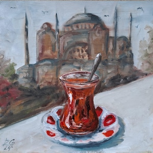 Turks theeolieverfschilderij: stilleven moskee Istanbul, 10 x 10 inch